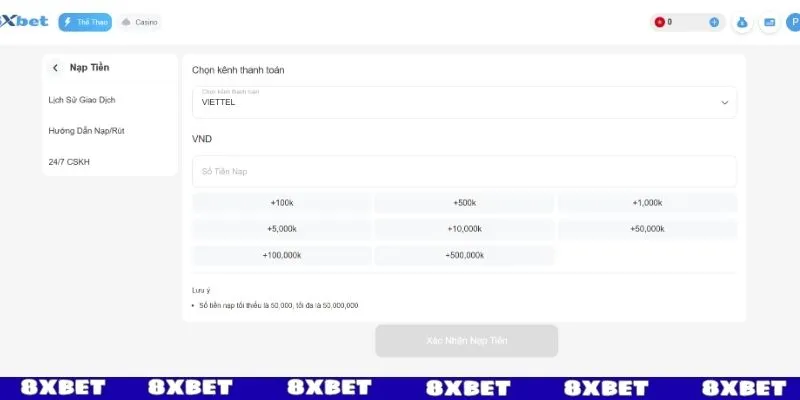 Hướng dẫn các bước nạp tiền 8XBET