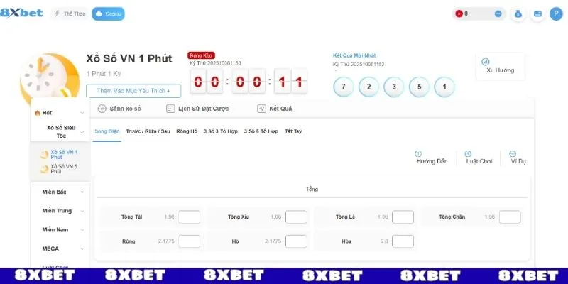 Xổ số 8XBET siêu tốc từ 1 - 5 phút
